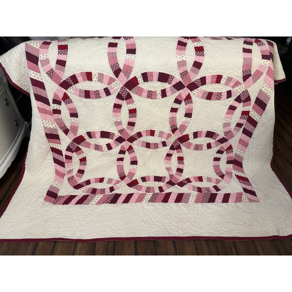 VINTAGE Queen Size DOUBLE WEDDING RING Pink Red QUILT Handmade 84" x 84"‎
